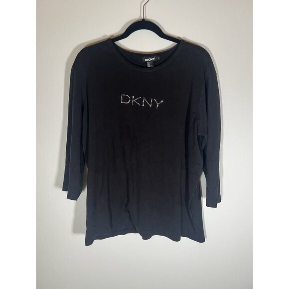 Vintage 90s DKNY rhinestone logo 3/4 sleeve black tshirt 1X retro classic - Picture 1 of 8